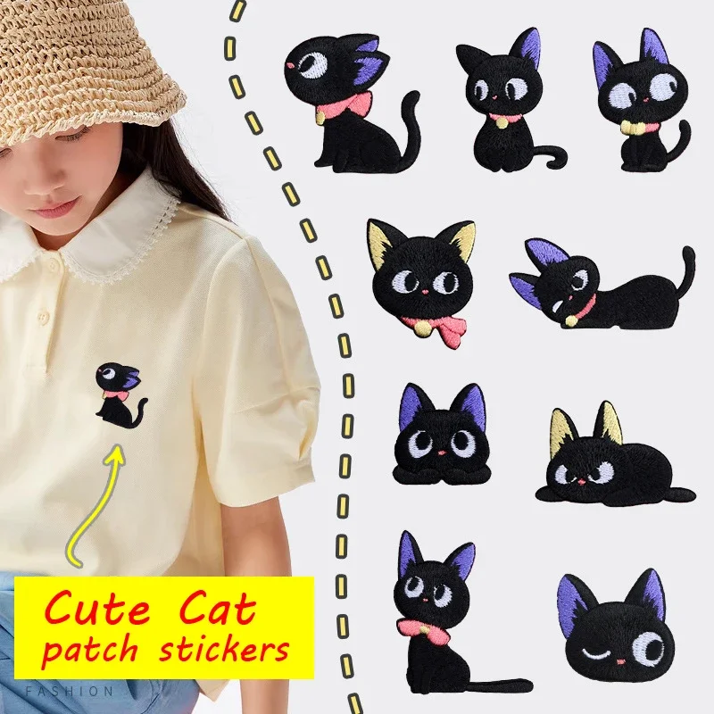 Embroidery On Black Shirt - Dos desenhos animados auto-adesivo gato de