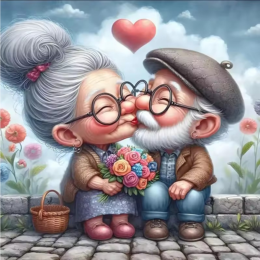Embroidery Kiss - Beijo romântico entre casal idoso, pintura