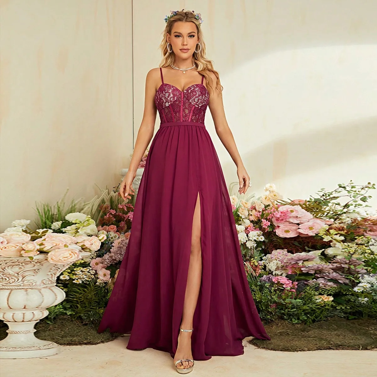 Vestido longo de cor sólida co - Embroidery Online Design avaliação e preço